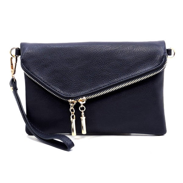 The Fashion Envelope Foldover Clutch is a green accessory with a gold chain strap and zipper detail, enhanced by a wristlet attachment and tassels. Made from faux leather, it comes with a detachable shoulder strap for versatile styling options.