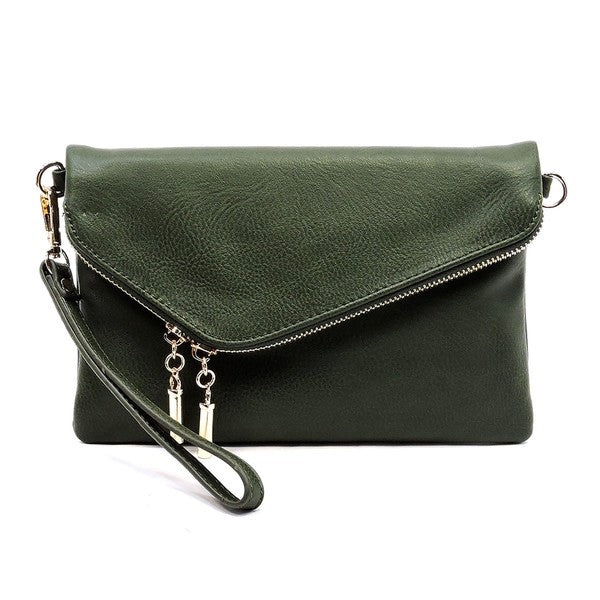 The Fashion Envelope Foldover Clutch is a green accessory with a gold chain strap and zipper detail, enhanced by a wristlet attachment and tassels. Made from faux leather, it comes with a detachable shoulder strap for versatile styling options.