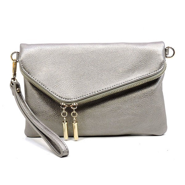 The Fashion Envelope Foldover Clutch is a green accessory with a gold chain strap and zipper detail, enhanced by a wristlet attachment and tassels. Made from faux leather, it comes with a detachable shoulder strap for versatile styling options.