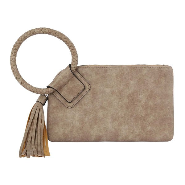 The Fashion Cuff Handle Tassel Wristlet Clutch is a chic accessory made from faux vegan leather, featuring a zip closure and an elegant braided fashion cuff handle.