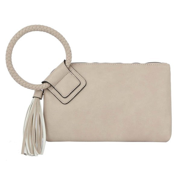 The Fashion Cuff Handle Tassel Wristlet Clutch is a chic accessory made from faux vegan leather, featuring a zip closure and an elegant braided fashion cuff handle.