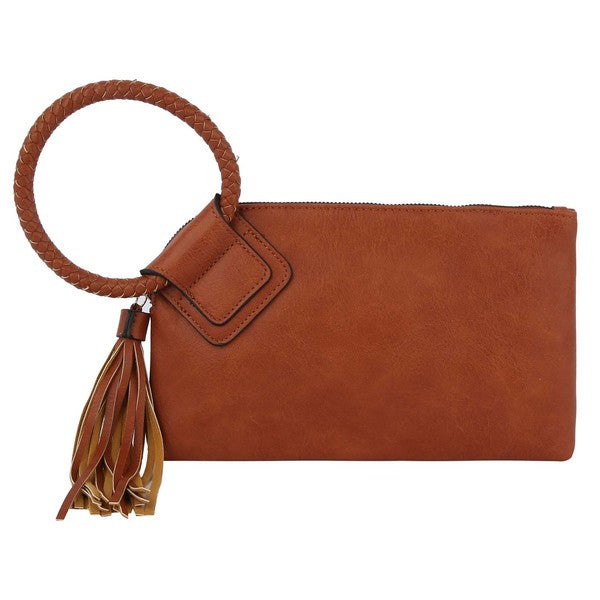 The Fashion Cuff Handle Tassel Wristlet Clutch is a chic accessory made from faux vegan leather, featuring a zip closure and an elegant braided fashion cuff handle.