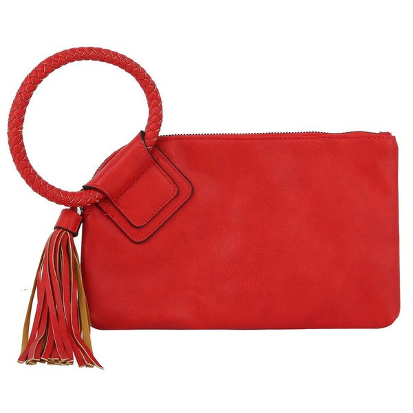 The Fashion Cuff Handle Tassel Wristlet Clutch is a chic accessory made from faux vegan leather, featuring a zip closure and an elegant braided fashion cuff handle.