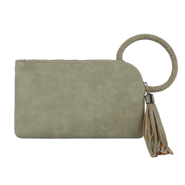 The Fashion Cuff Handle Tassel Wristlet Clutch is a chic accessory made from faux vegan leather, featuring a zip closure and an elegant braided fashion cuff handle.