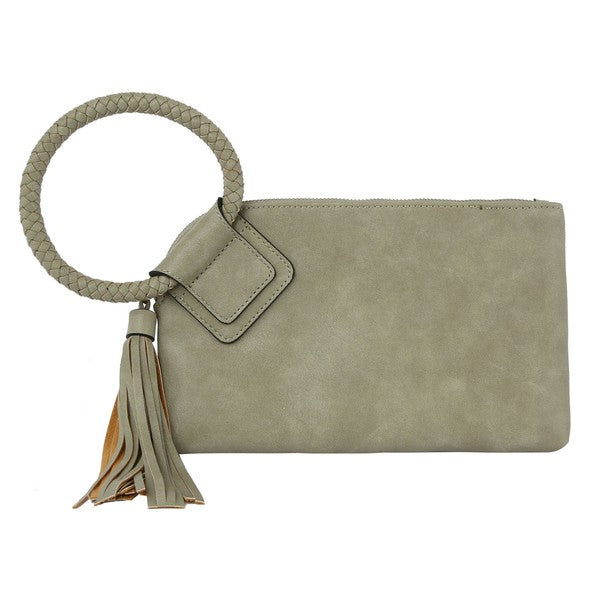 The Fashion Cuff Handle Tassel Wristlet Clutch is a chic accessory made from faux vegan leather, featuring a zip closure and an elegant braided fashion cuff handle.