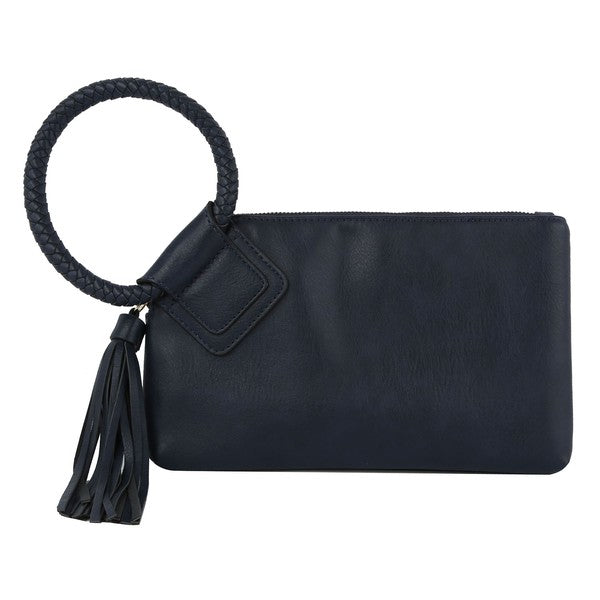 The Fashion Cuff Handle Tassel Wristlet Clutch is a chic accessory made from faux vegan leather, featuring a zip closure and an elegant braided fashion cuff handle.