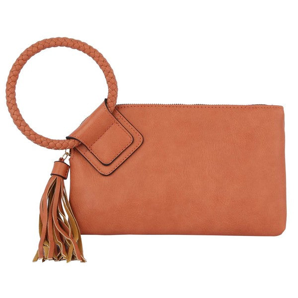 The Fashion Cuff Handle Tassel Wristlet Clutch is a chic accessory made from faux vegan leather, featuring a zip closure and an elegant braided fashion cuff handle.