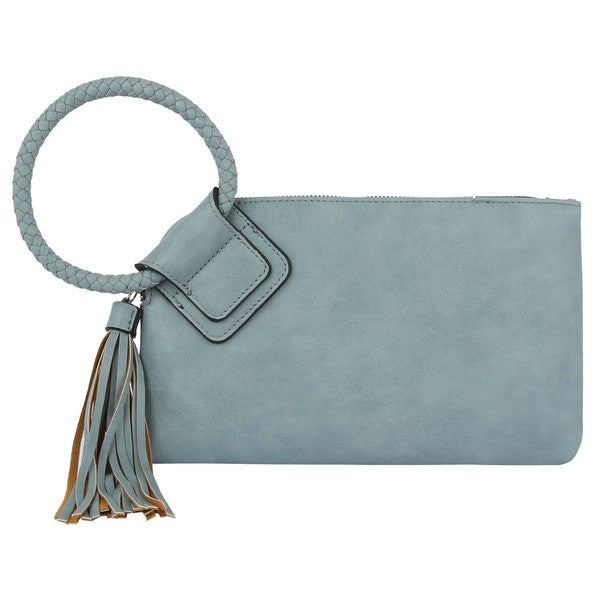 The Fashion Cuff Handle Tassel Wristlet Clutch is a chic accessory made from faux vegan leather, featuring a zip closure and an elegant braided fashion cuff handle.