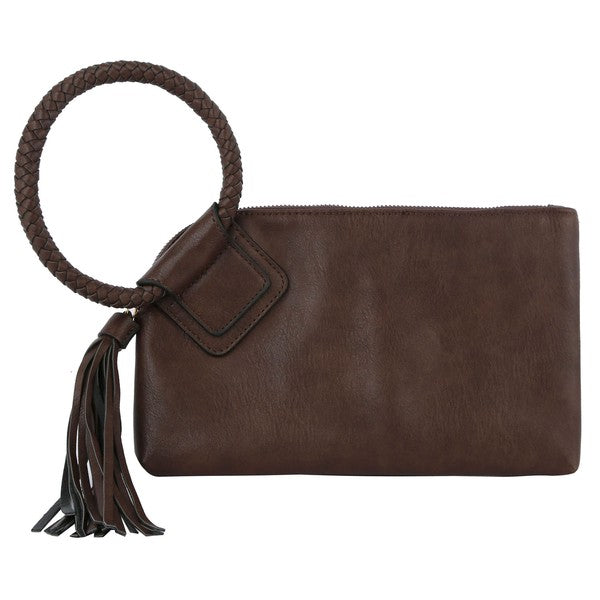 The Fashion Cuff Handle Tassel Wristlet Clutch is a chic accessory made from faux vegan leather, featuring a zip closure and an elegant braided fashion cuff handle.