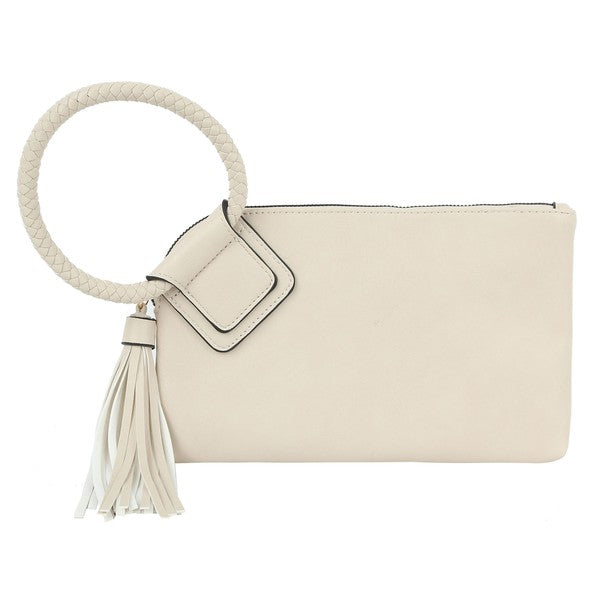 The Fashion Cuff Handle Tassel Wristlet Clutch is a chic accessory made from faux vegan leather, featuring a zip closure and an elegant braided fashion cuff handle.