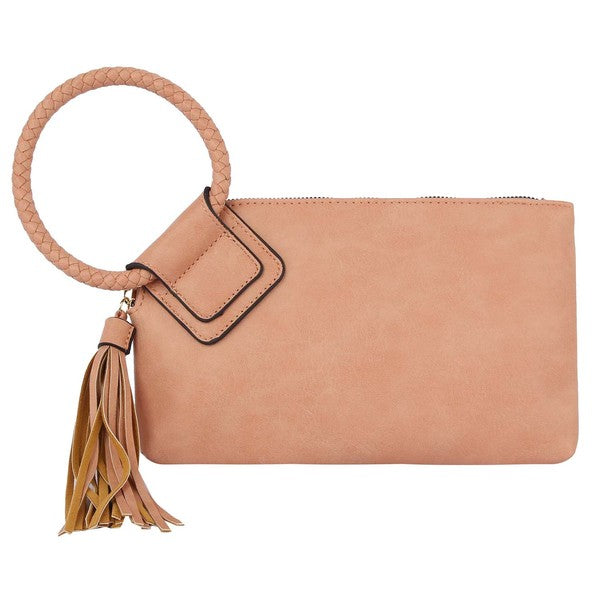 The Fashion Cuff Handle Tassel Wristlet Clutch is a chic accessory made from faux vegan leather, featuring a zip closure and an elegant braided fashion cuff handle.