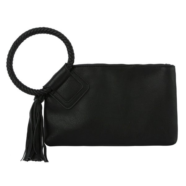 The Fashion Cuff Handle Tassel Wristlet Clutch is a chic accessory made from faux vegan leather, featuring a zip closure and an elegant braided fashion cuff handle.