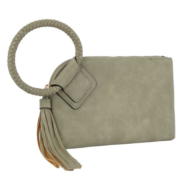 The Fashion Cuff Handle Tassel Wristlet Clutch is a chic accessory made from faux vegan leather, featuring a zip closure and an elegant braided fashion cuff handle.