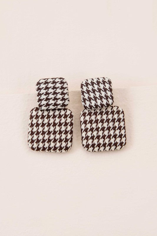 Textile Drop Earrings with a retro design featuring a black and white checkered pattern on a beige background.