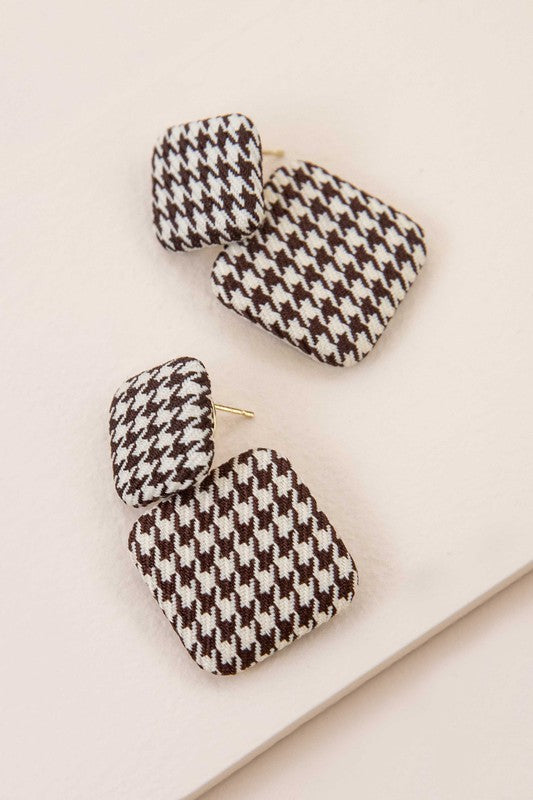 Textile Drop Earrings with a retro design featuring a black and white checkered pattern on a beige background.