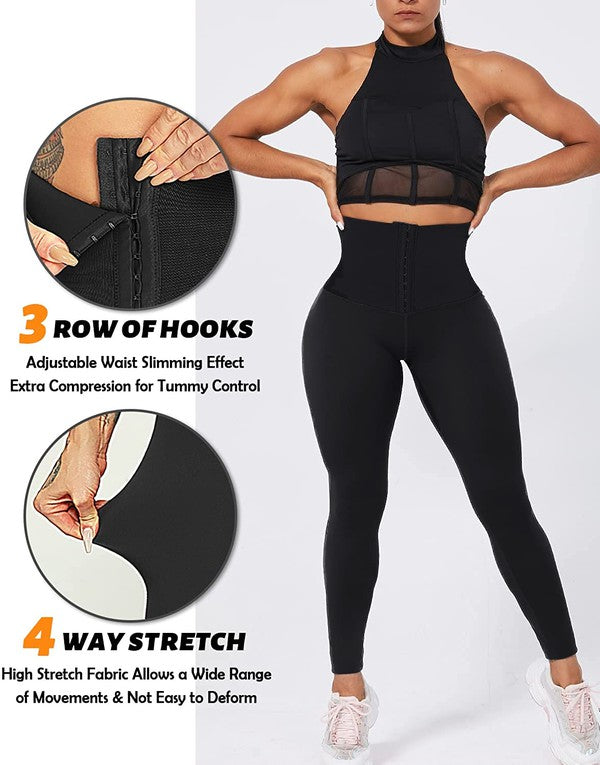 A person wearing Corset Waist Buttery Soft Leggings Body Shaper in high-waisted black and white athletic shoes is standing against a plain background. The person's hands are touching their waist.