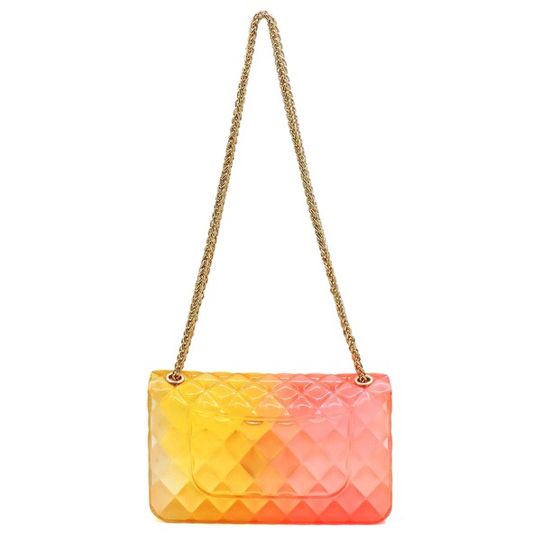 The Quilt Embossed Multi Color Jelly Shoulder Bag features a quilted gradient design transitioning from pink to yellow, adorned with gold-tone hardware that includes a rectangular gold clasp and chain strap.