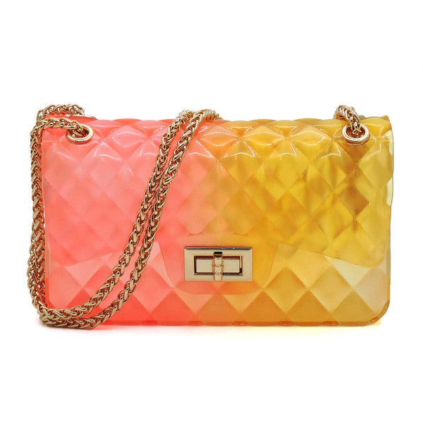 The Quilt Embossed Multi Color Jelly Shoulder Bag features a quilted gradient design transitioning from pink to yellow, adorned with gold-tone hardware that includes a rectangular gold clasp and chain strap.