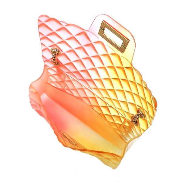 The Quilt Embossed Multi Color Jelly Shoulder Bag features a quilted gradient design transitioning from pink to yellow, adorned with gold-tone hardware that includes a rectangular gold clasp and chain strap.