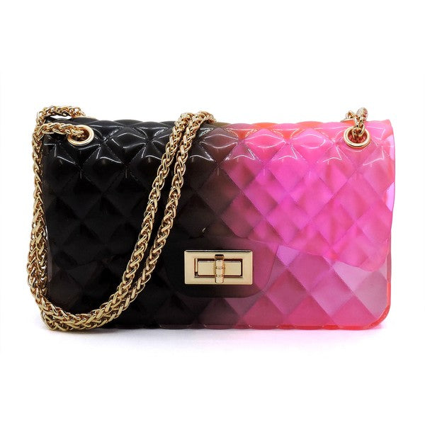 The Quilt Embossed Multi Color Jelly Shoulder Bag features a quilted gradient design transitioning from pink to yellow, adorned with gold-tone hardware that includes a rectangular gold clasp and chain strap.