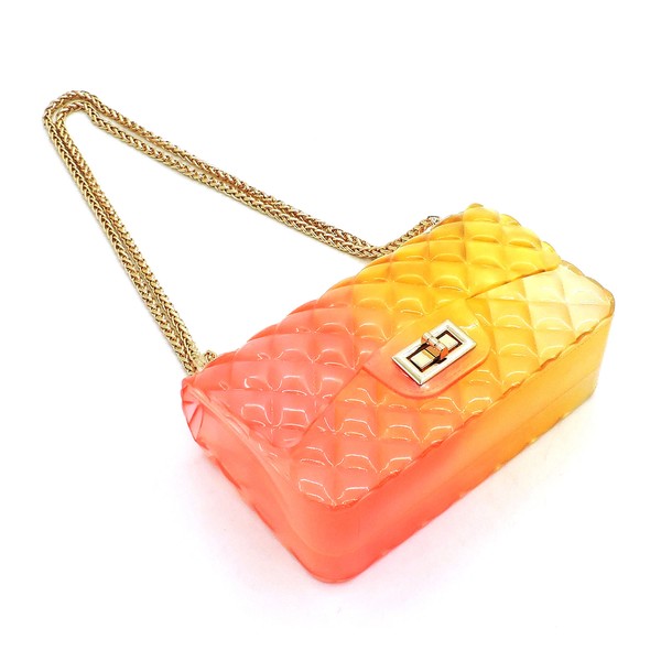 The Quilt Embossed Multi Color Jelly Shoulder Bag features a quilted gradient design transitioning from pink to yellow, adorned with gold-tone hardware that includes a rectangular gold clasp and chain strap.