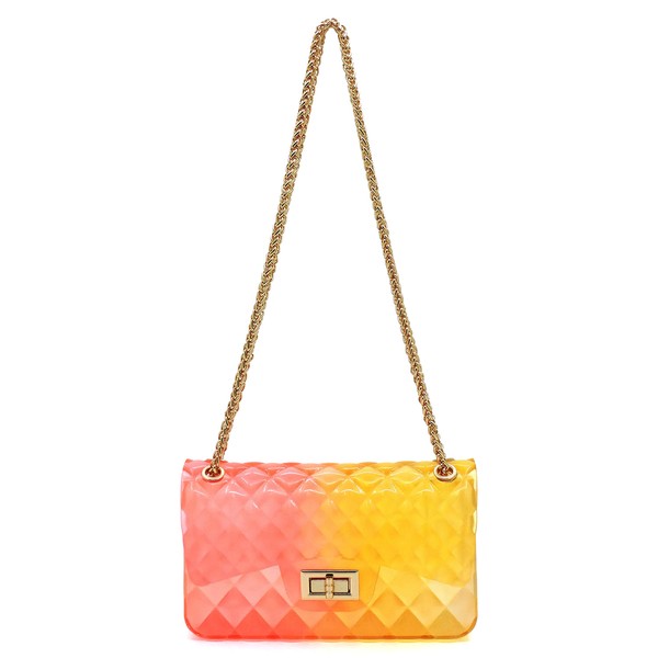 The Quilt Embossed Multi Color Jelly Shoulder Bag features a quilted gradient design transitioning from pink to yellow, adorned with gold-tone hardware that includes a rectangular gold clasp and chain strap.