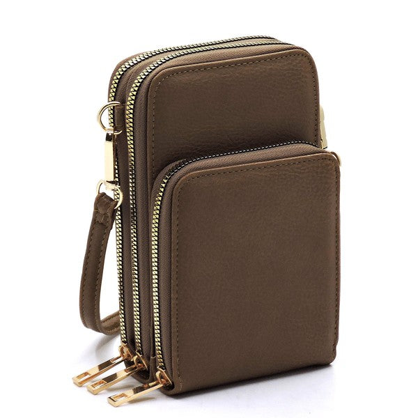 Fashion Crossbody Bag Cell Phone Purse, designed in a sleek mint green color and crafted from vegan leather, features three zippered compartments and a detachable strap, making it a perfect stylish accessory to use as a crossbody bag.