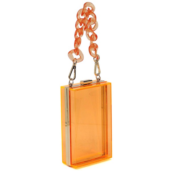 The Acrylic Chain Handle See Thru Crossbody Clutch is a rectangular pink acrylic crossbody clutch that features a sleek gold chain strap and a detachable shoulder chain, highlighted by an elegant pink acrylic chain handle.