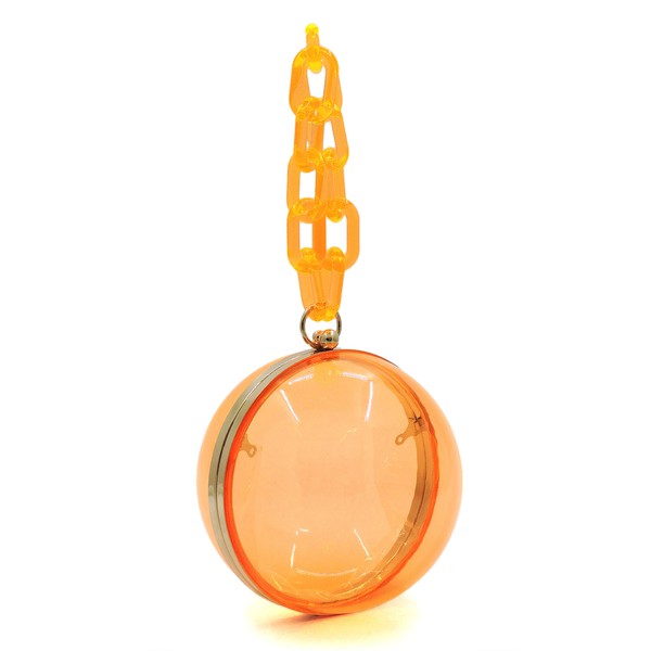 Introducing the Acrylic Chain Handle See Thru Ball Crossbody Bag, an orange round handbag with a transparent body, featuring an elegant acrylic chain handle and gold-tone hardware.