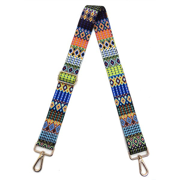 A coiled Fashion Rainbow Print Shoulder Strap that features vibrant colors and adjustable length, complete with gold clips on each end.