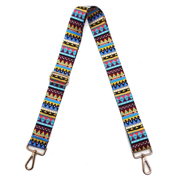 A coiled Fashion Rainbow Print Shoulder Strap that features vibrant colors and adjustable length, complete with gold clips on each end.