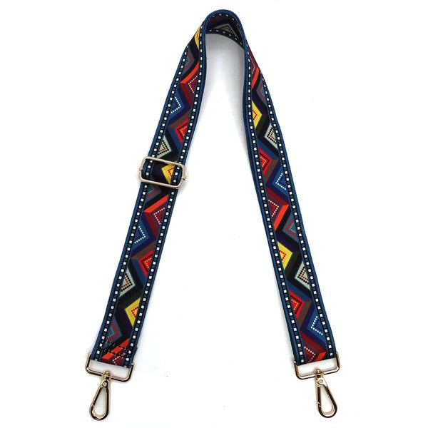 A coiled Fashion Rainbow Print Shoulder Strap that features vibrant colors and adjustable length, complete with gold clips on each end.