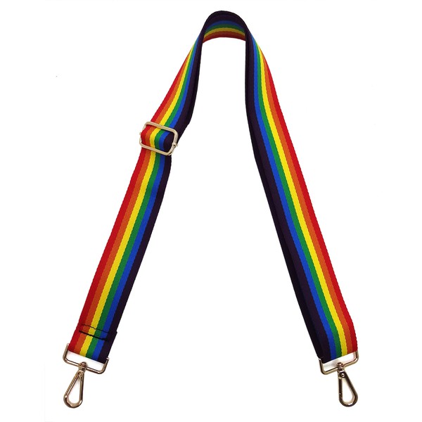 A coiled Fashion Rainbow Print Shoulder Strap that features vibrant colors and adjustable length, complete with gold clips on each end.