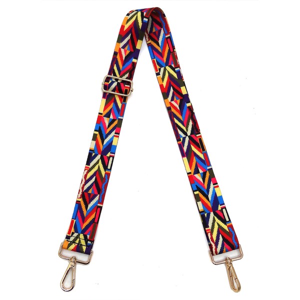 A coiled Fashion Rainbow Print Shoulder Strap that features vibrant colors and adjustable length, complete with gold clips on each end.