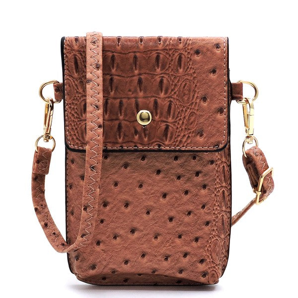 Ostrich Croc Crossbody Cell Phone Case made from red faux vegan leather, featuring a snap button closure, detachable shoulder strap, and gold hardware.