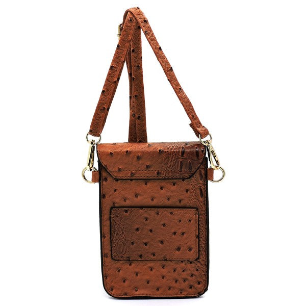 Ostrich Croc Crossbody Cell Phone Case made from red faux vegan leather, featuring a snap button closure, detachable shoulder strap, and gold hardware.