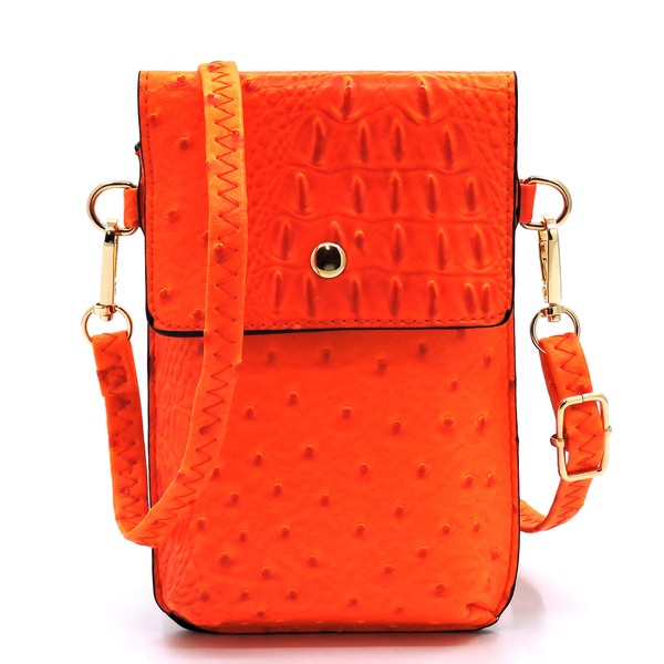 Ostrich Croc Crossbody Cell Phone Case made from red faux vegan leather, featuring a snap button closure, detachable shoulder strap, and gold hardware.