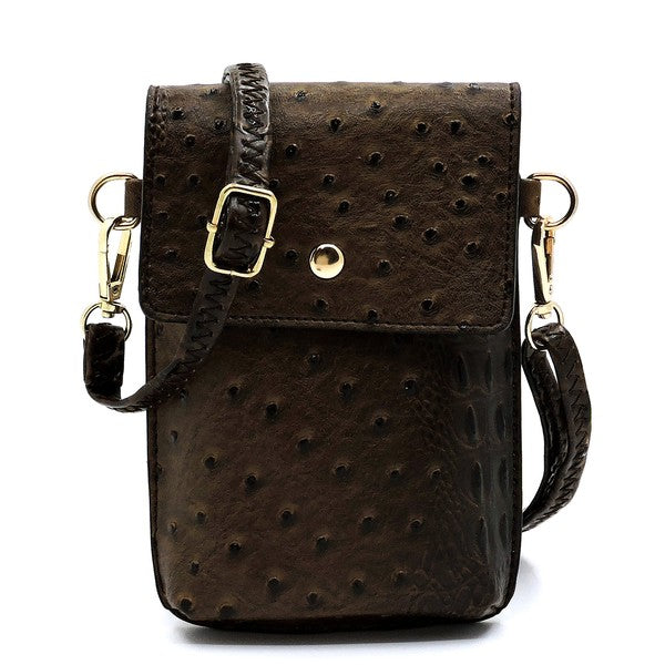 Ostrich Croc Crossbody Cell Phone Case made from red faux vegan leather, featuring a snap button closure, detachable shoulder strap, and gold hardware.