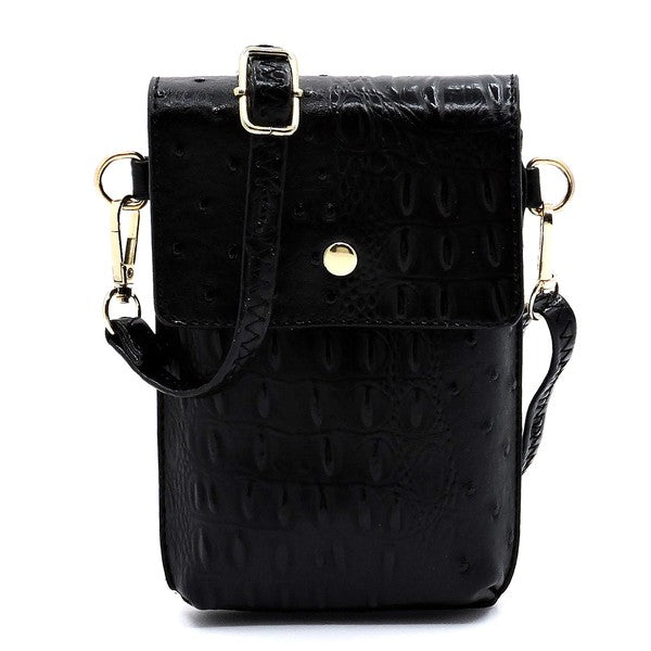 Ostrich Croc Crossbody Cell Phone Case made from red faux vegan leather, featuring a snap button closure, detachable shoulder strap, and gold hardware.