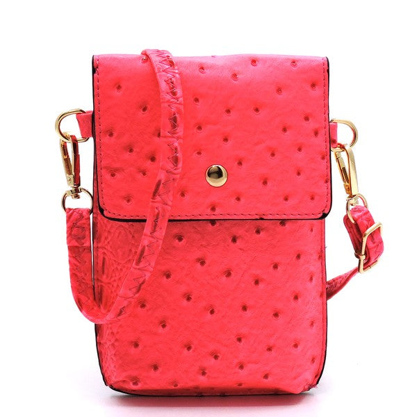 Ostrich Croc Crossbody Cell Phone Case made from red faux vegan leather, featuring a snap button closure, detachable shoulder strap, and gold hardware.