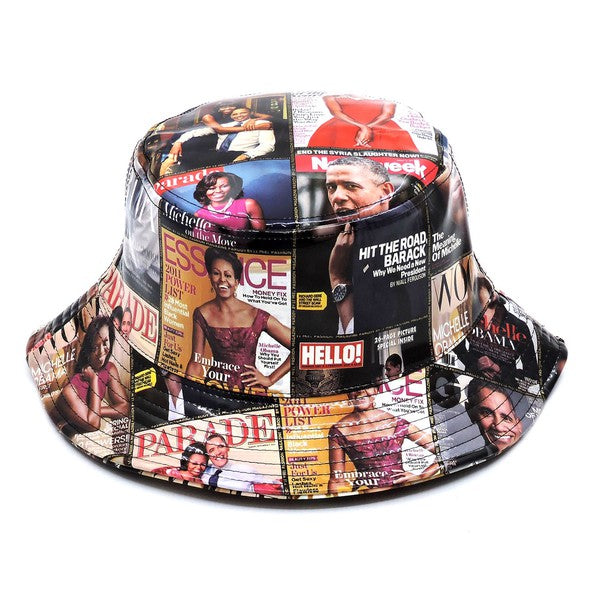 Introducing the Magazine Cover Collage Hat, a chic bucket hat available in one size. It showcases vibrant magazine covers depicting a woman in various poses and outfits, and is adorned with faux vegan leather accents for a perfect fusion of bold style and eco-friendly sophistication.