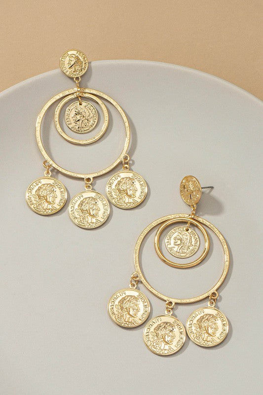 Double hoop drop earrings with three coin dangles each, displayed on a white surface.