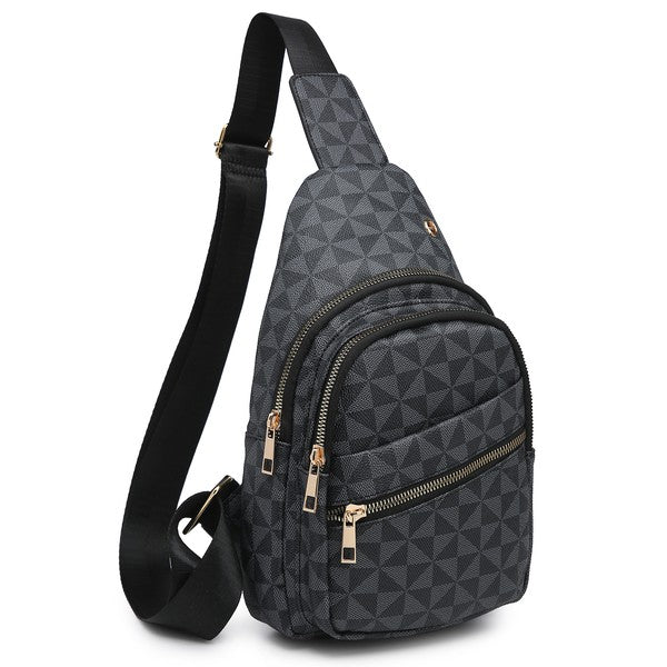 Monogram Sling Backpack in gray and white with a triangle pattern and faux leather accents, featuring a cream strap and multiple zippered compartments.