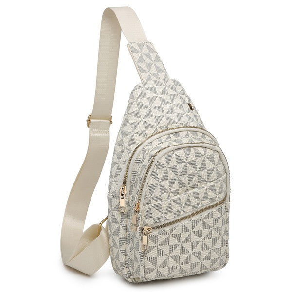 Monogram Sling Backpack in gray and white with a triangle pattern and faux leather accents, featuring a cream strap and multiple zippered compartments.