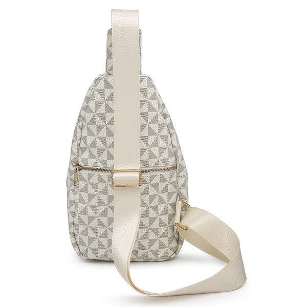 Monogram Sling Backpack in gray and white with a triangle pattern and faux leather accents, featuring a cream strap and multiple zippered compartments.