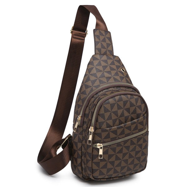 Monogram Sling Backpack in gray and white with a triangle pattern and faux leather accents, featuring a cream strap and multiple zippered compartments.