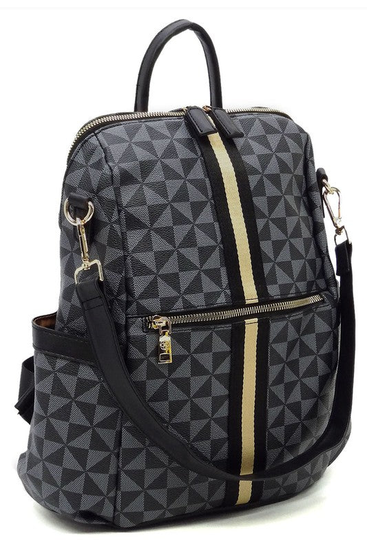 PM Monogram Striped Convertible Backpack featuring a brown geometric pattern, faux vegan leather, tan straps, gold-tone hardware, and a front zip pocket.