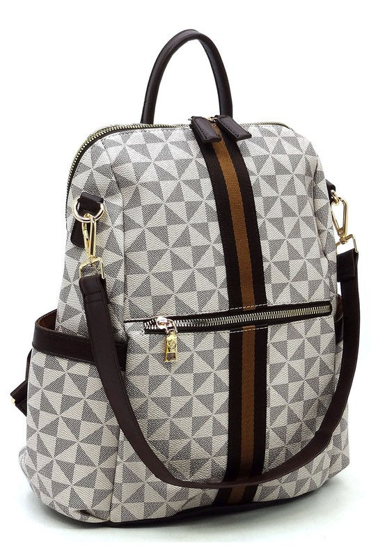 PM Monogram Striped Convertible Backpack featuring a brown geometric pattern, faux vegan leather, tan straps, gold-tone hardware, and a front zip pocket.