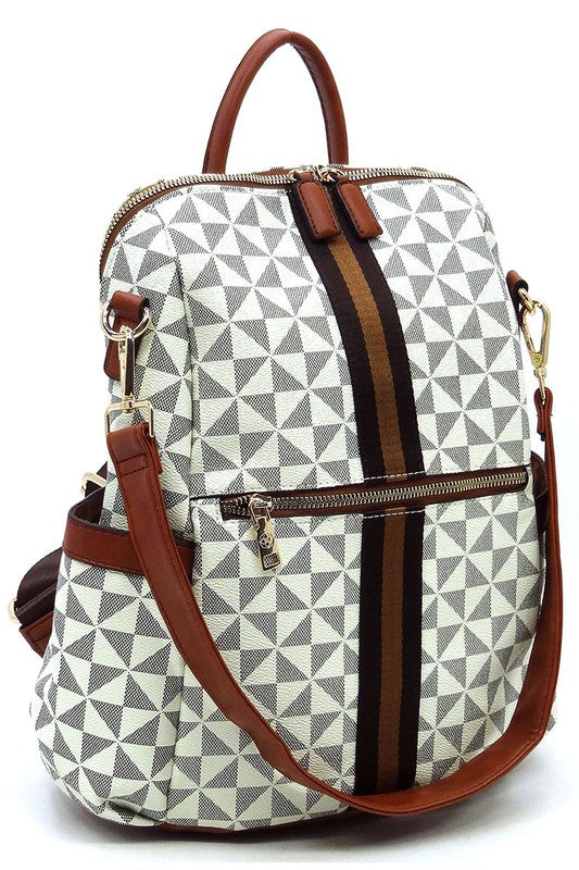 PM Monogram Striped Convertible Backpack featuring a brown geometric pattern, faux vegan leather, tan straps, gold-tone hardware, and a front zip pocket.