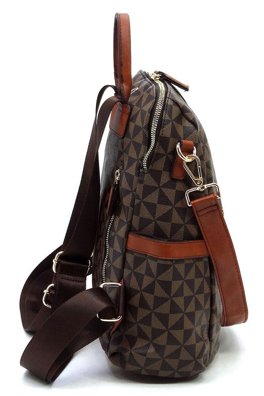 PM Monogram Striped Convertible Backpack featuring a brown geometric pattern, faux vegan leather, tan straps, gold-tone hardware, and a front zip pocket.